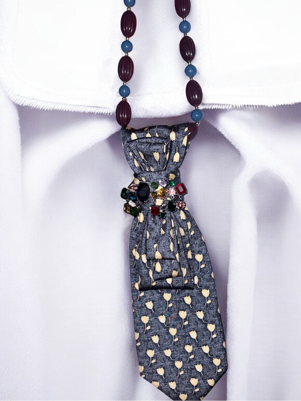 Blue Floral Patterned Tie with Multicolor Jewel Accent